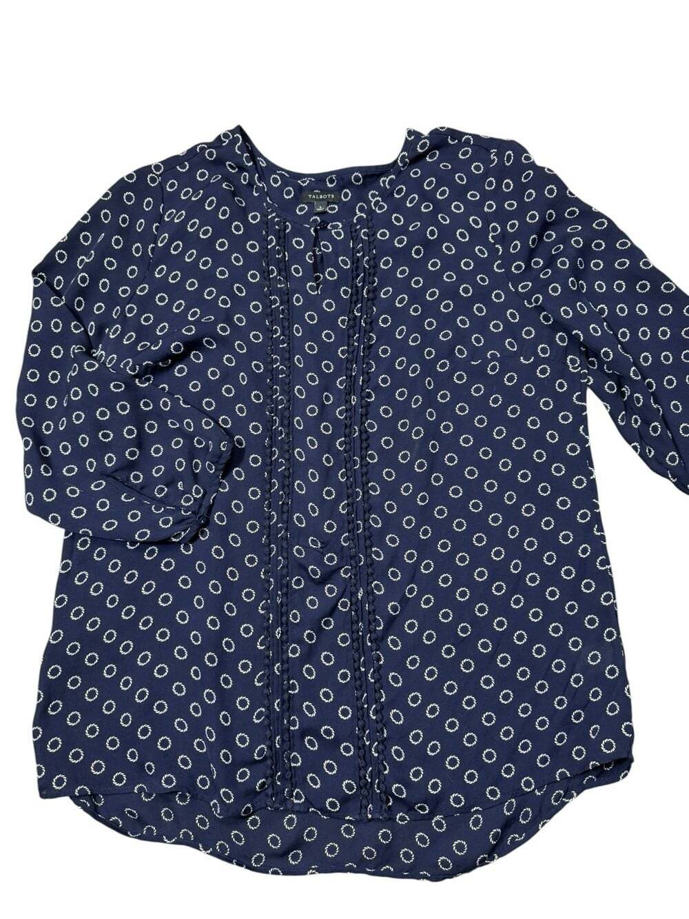 Talbots 100% Silk Navy and White Geometric Print 3/4 Sleeve Blouse Size L - Picture 2 of 8